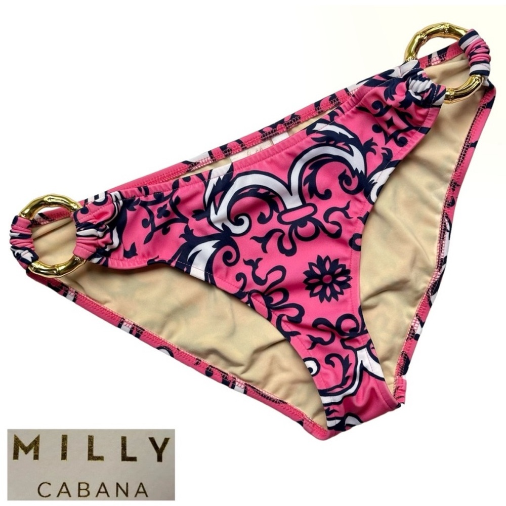 Milly Cabana bikini bottom pink baroque print goldtone bamboo side ring Medium